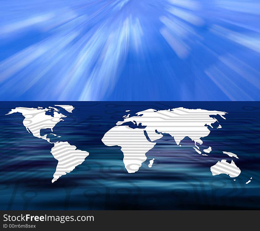 Outline world map overlaid with circuit board pattern. Outline world map overlaid with circuit board pattern