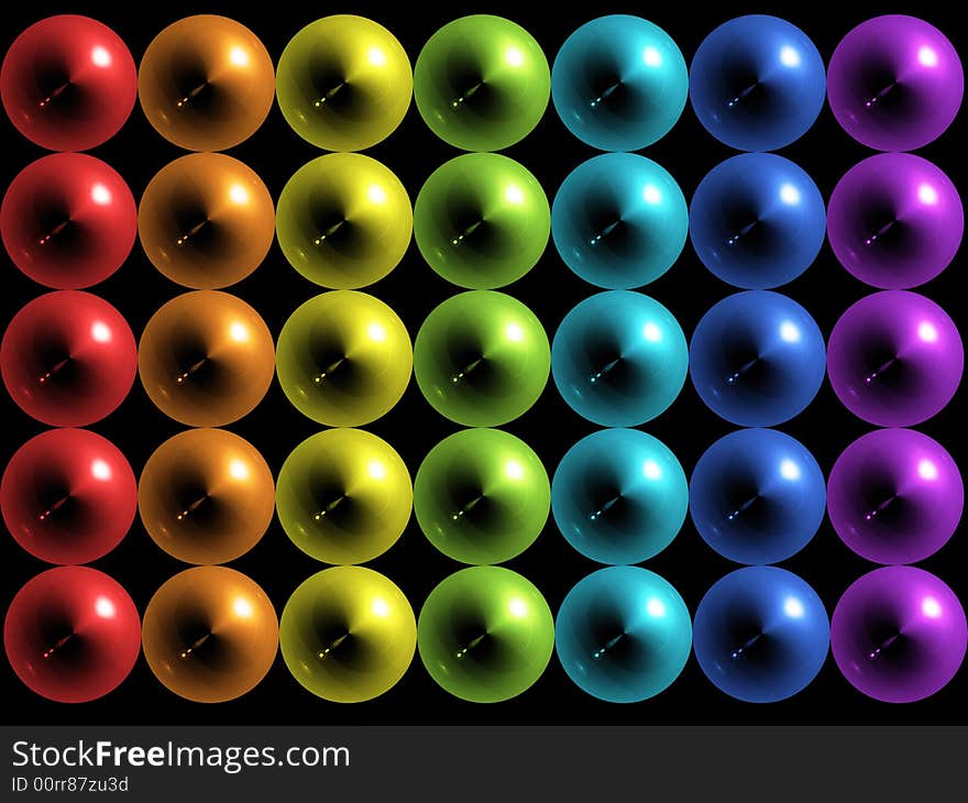 Rows of balls, Color of rainbow, on black background