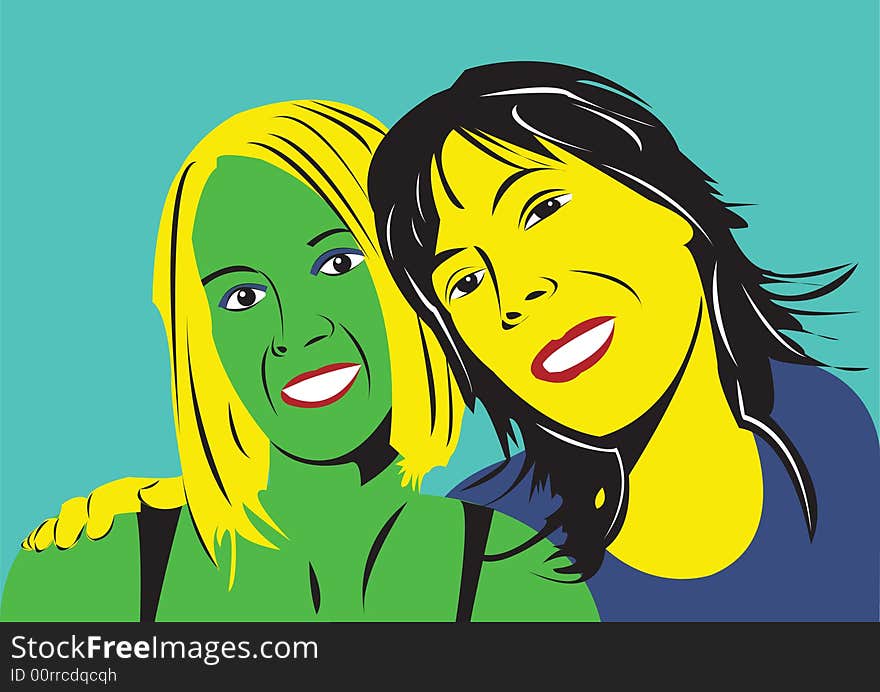 Illustration of two women on light blue background