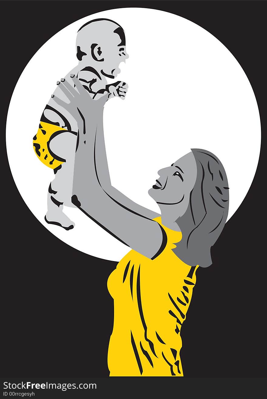 Illustration of mother holding her baby with white spotlight and black background. Illustration of mother holding her baby with white spotlight and black background