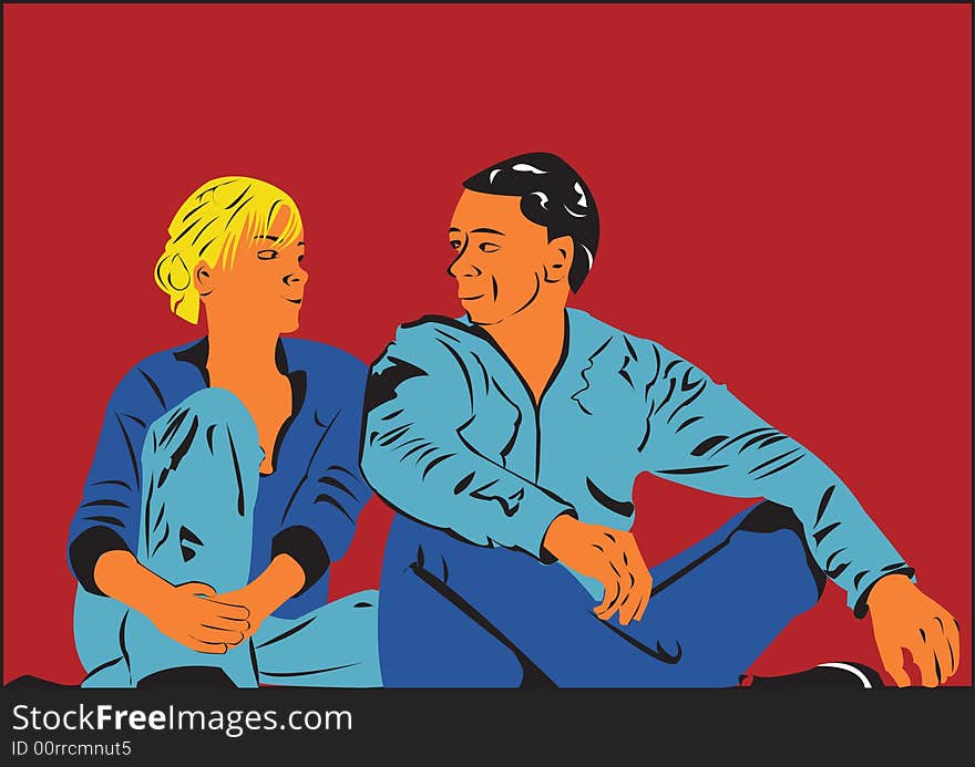 Illustration of a loving couple on dark red background