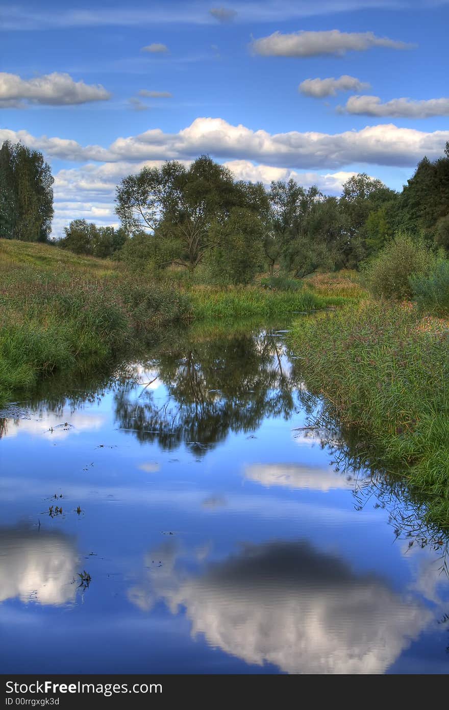 River, reflections of clouds and sky