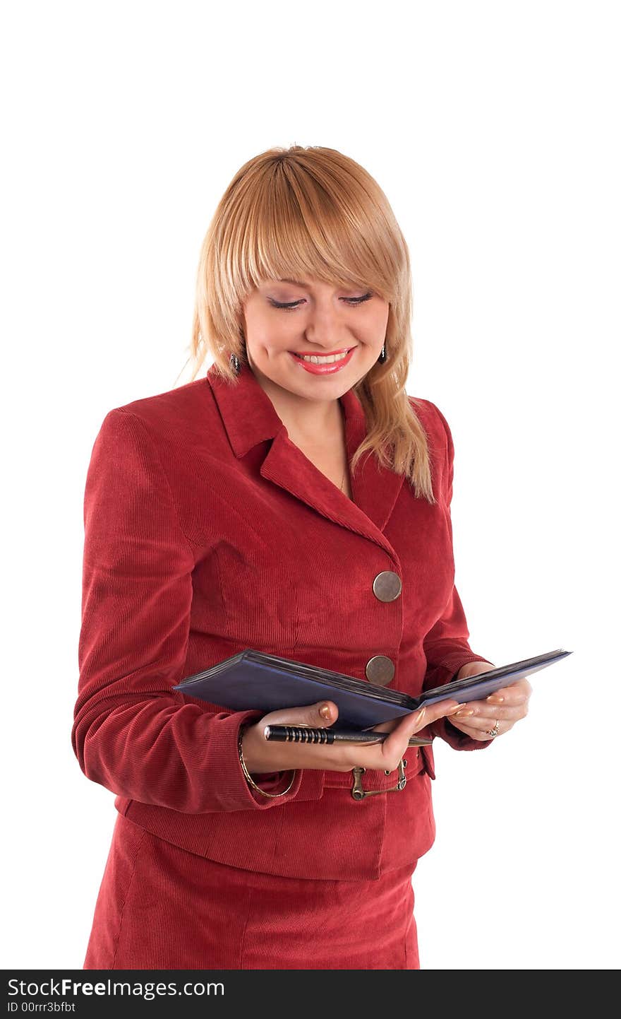 An image of a reading nice woman in red suit. An image of a reading nice woman in red suit