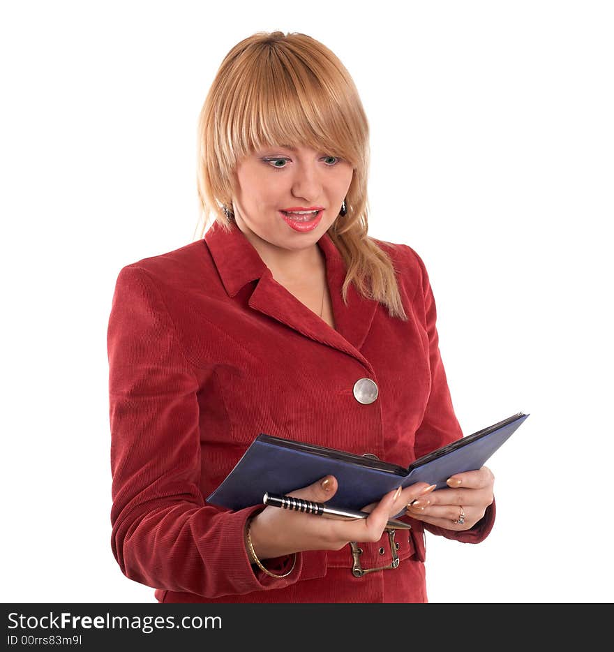 An image of reading nice girl in red suit. An image of reading nice girl in red suit