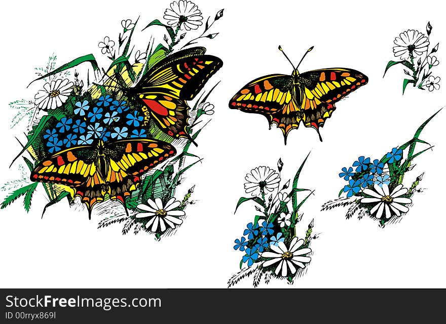 Vector drawing bunch of flowers and butterflys