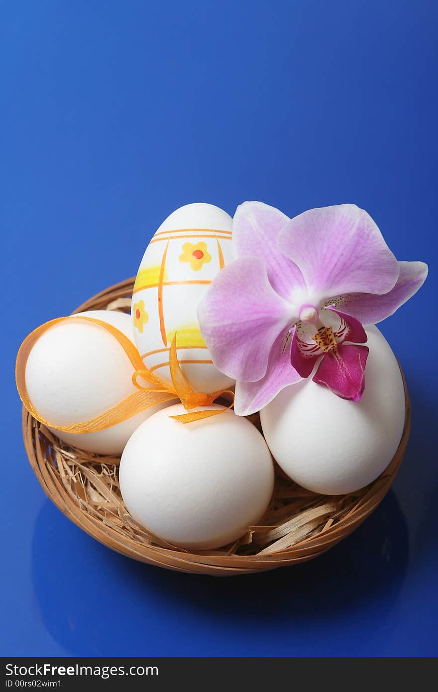 Easter eggs in basket with orchid on blue background.