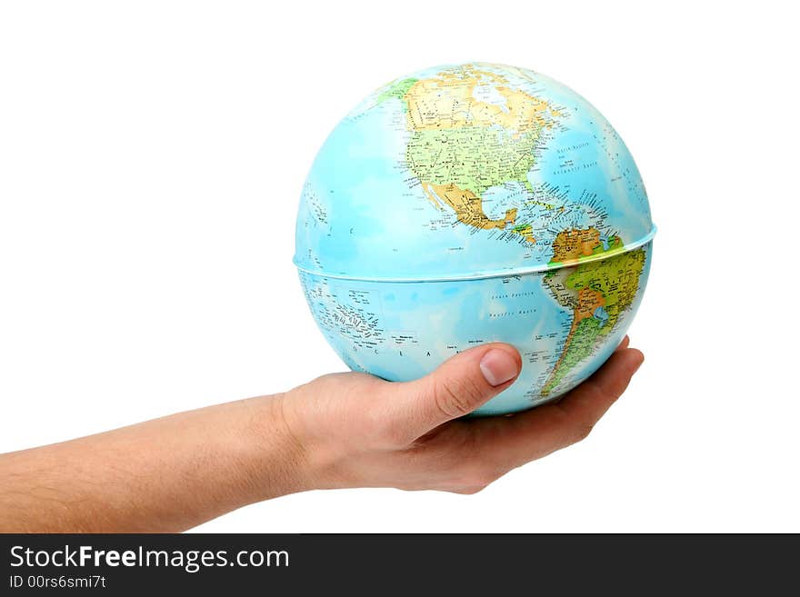 Globe in hand on white background