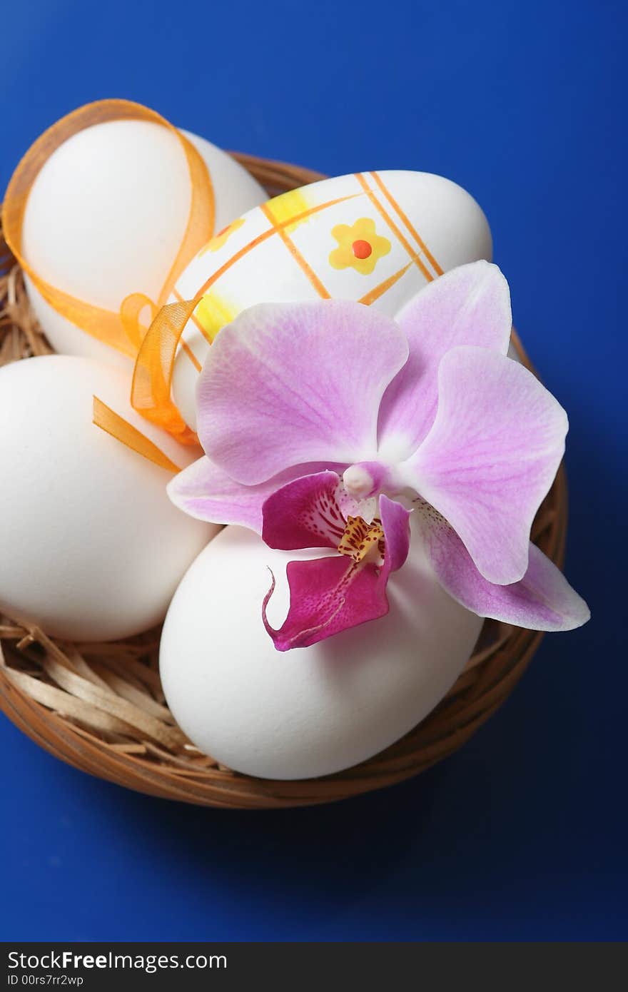 Easter eggs in basket with orchid on blue background.