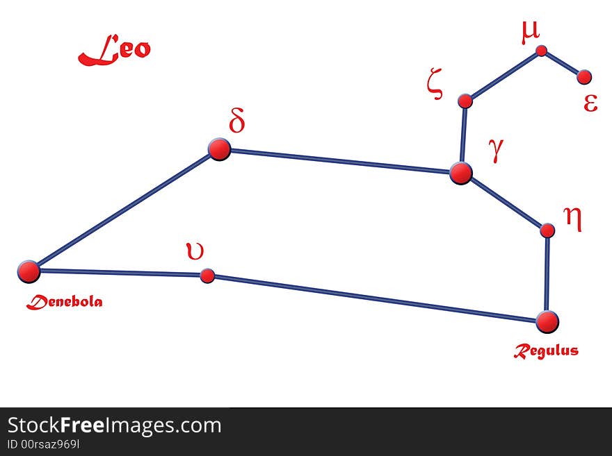 It's the constellation of leo, blue and red. There are the big and the small stars, the greek letters to indicate them, and the text Leo. The letters and the text can be easily deleted if you do not like it!. It's the constellation of leo, blue and red. There are the big and the small stars, the greek letters to indicate them, and the text Leo. The letters and the text can be easily deleted if you do not like it!