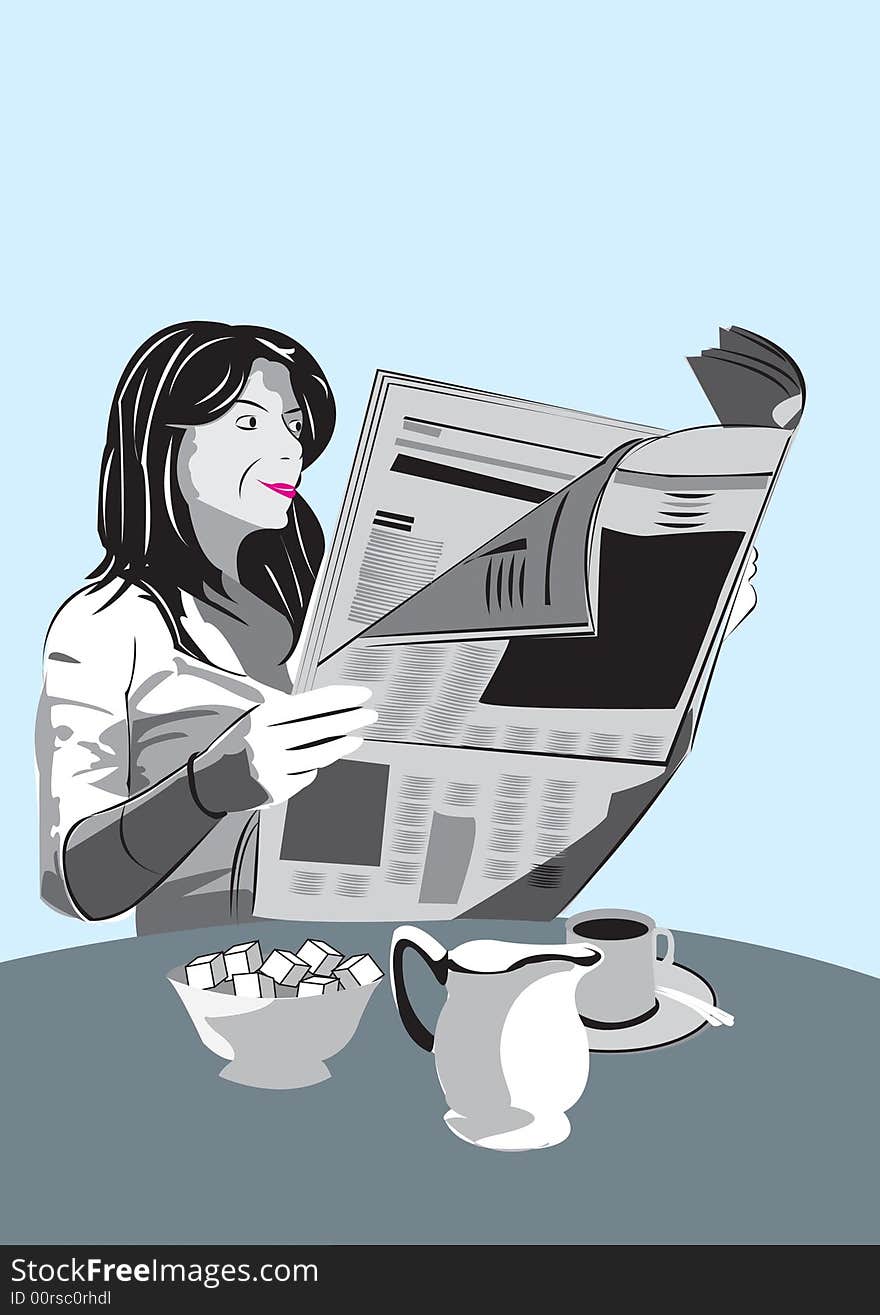 Illustration of a women reading morning news