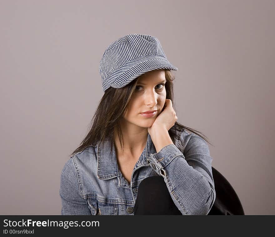 Brunette in Denim Jacket and Cap