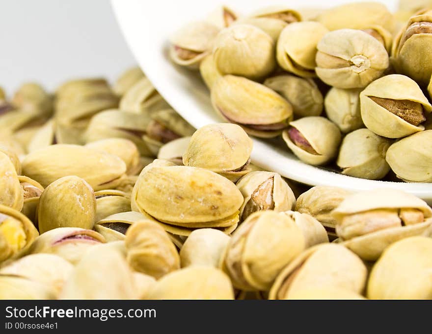 Pistachios from bowl background, close-up