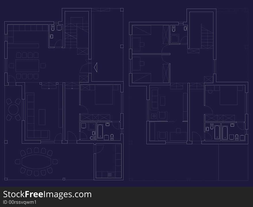 Detailed architectural plan on blue of family house. Detailed architectural plan on blue of family house