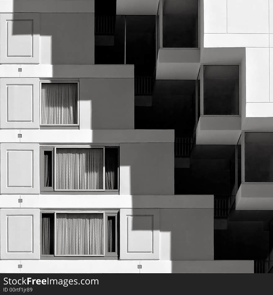 An abstract black and white photo of modern/postmodern hotel architeture. An abstract black and white photo of modern/postmodern hotel architeture.