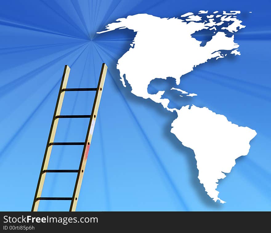 Conceptual image showing ladder against outline map of America. Conceptual image showing ladder against outline map of America