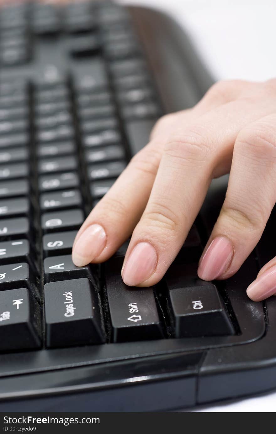 Woman typing on pc keyboard. Woman typing on pc keyboard