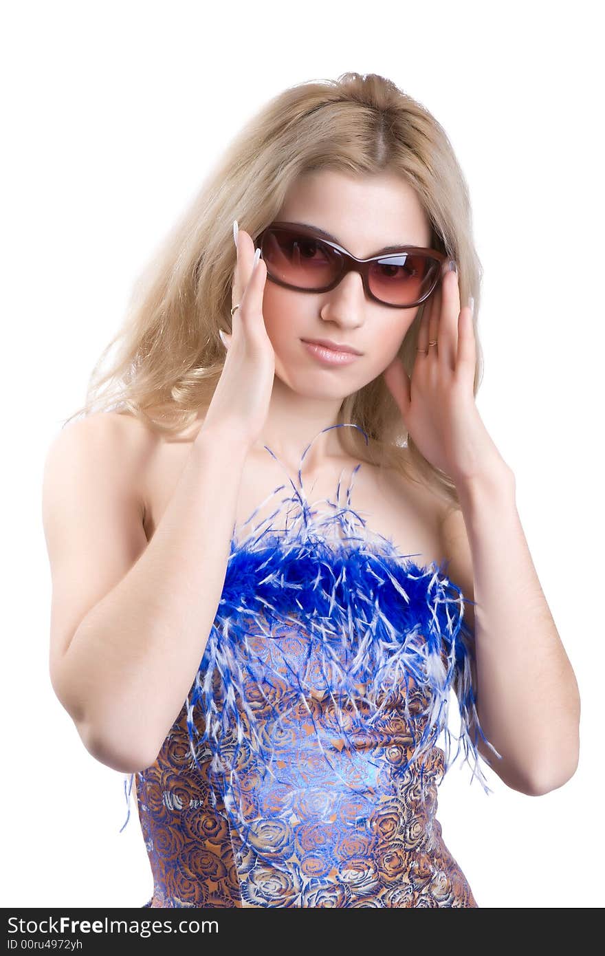 Beautiful girl in a multi-coloured dress isolated on a white background. Beautiful girl in a multi-coloured dress isolated on a white background