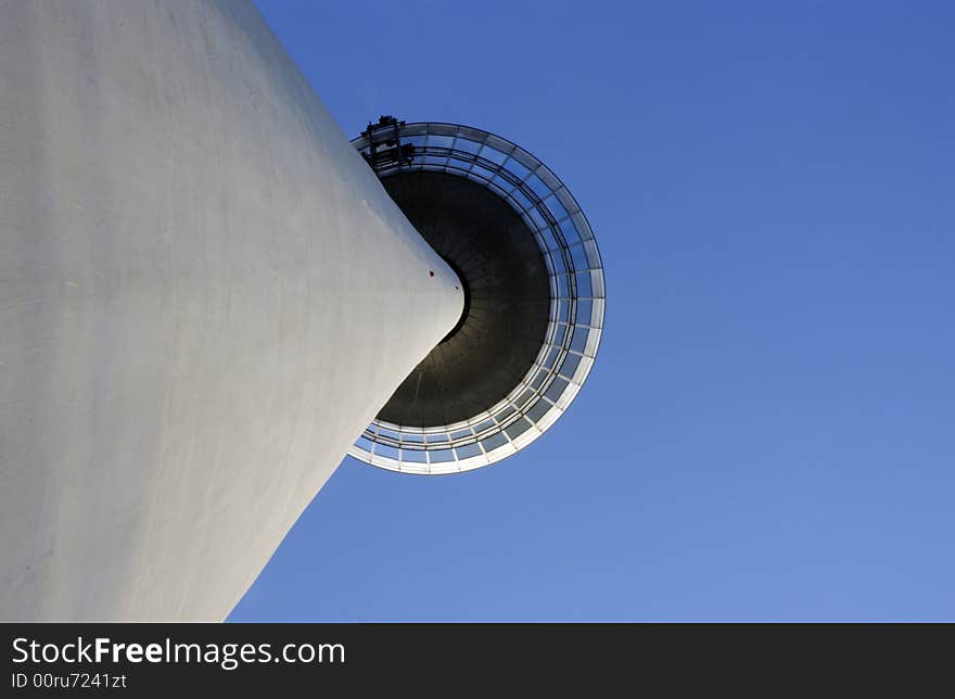 Tower in Mannheim, germany, view from the bottom against clear blue sky,. Tower in Mannheim, germany, view from the bottom against clear blue sky,