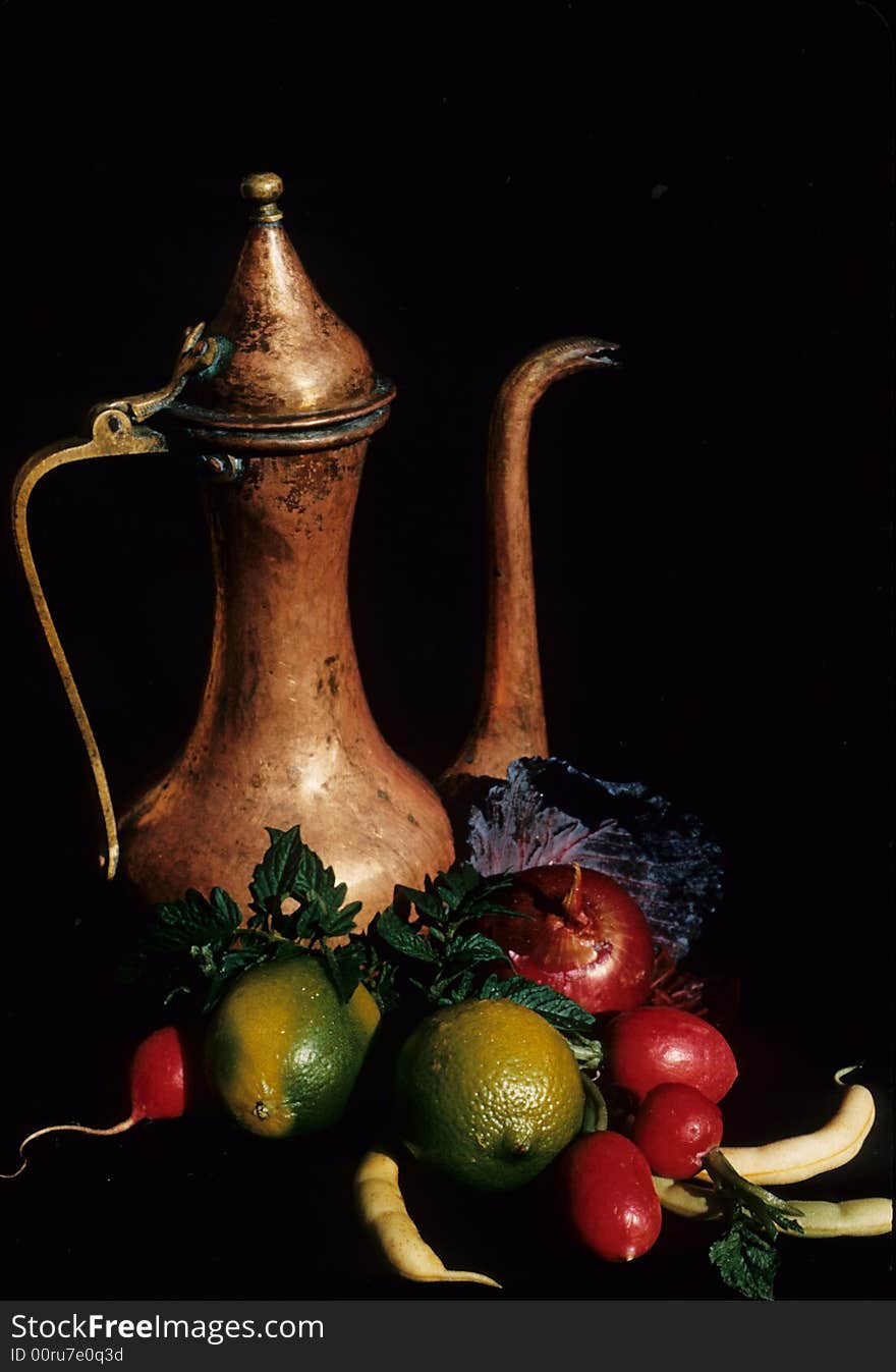 A center piece design Cornucopia of fruits and vegetables.