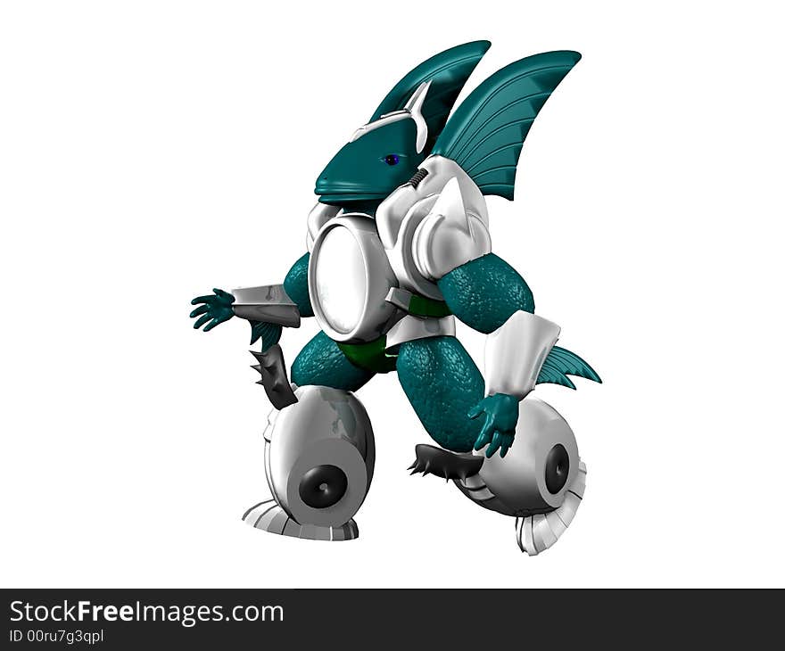 3 D Computer Render of walking Cyborg-fish