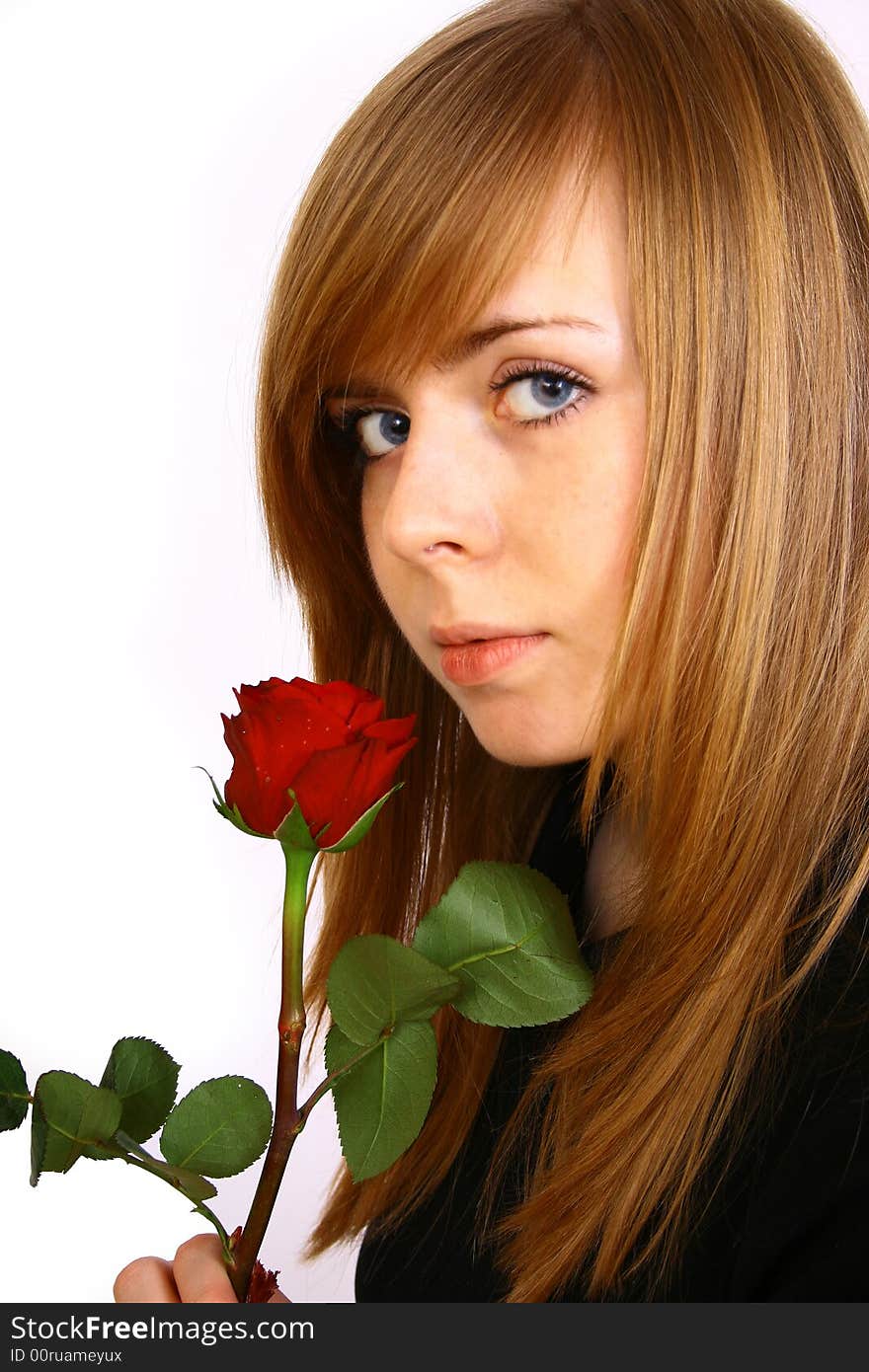 Woman with big red rose; white background. Woman with big red rose; white background