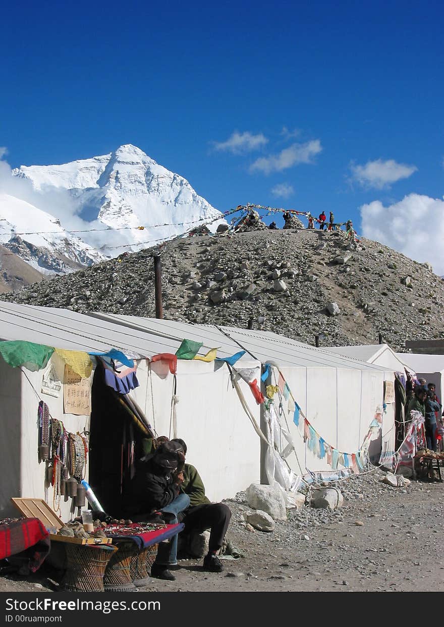 The is a bazaar at the north base camp of Mt. Everest. It's the world's highest shop at an altitude of about 5,200 metres (17,100 feet). The is a bazaar at the north base camp of Mt. Everest. It's the world's highest shop at an altitude of about 5,200 metres (17,100 feet).