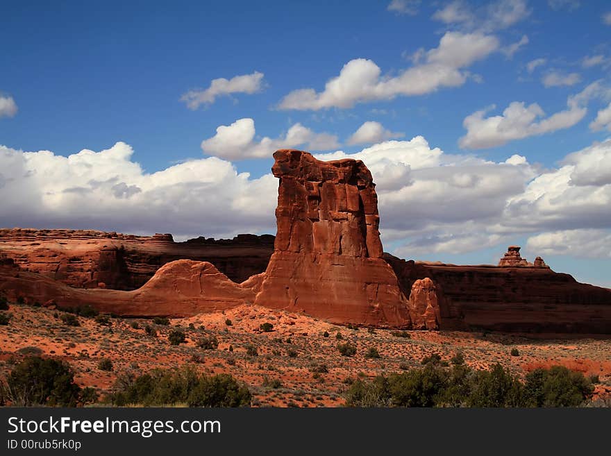 View of the red rock formations in Arches National Park with blue sky�s and clouds