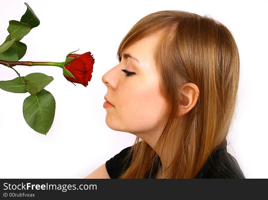 Woman with big red rose; white background. Woman with big red rose; white background