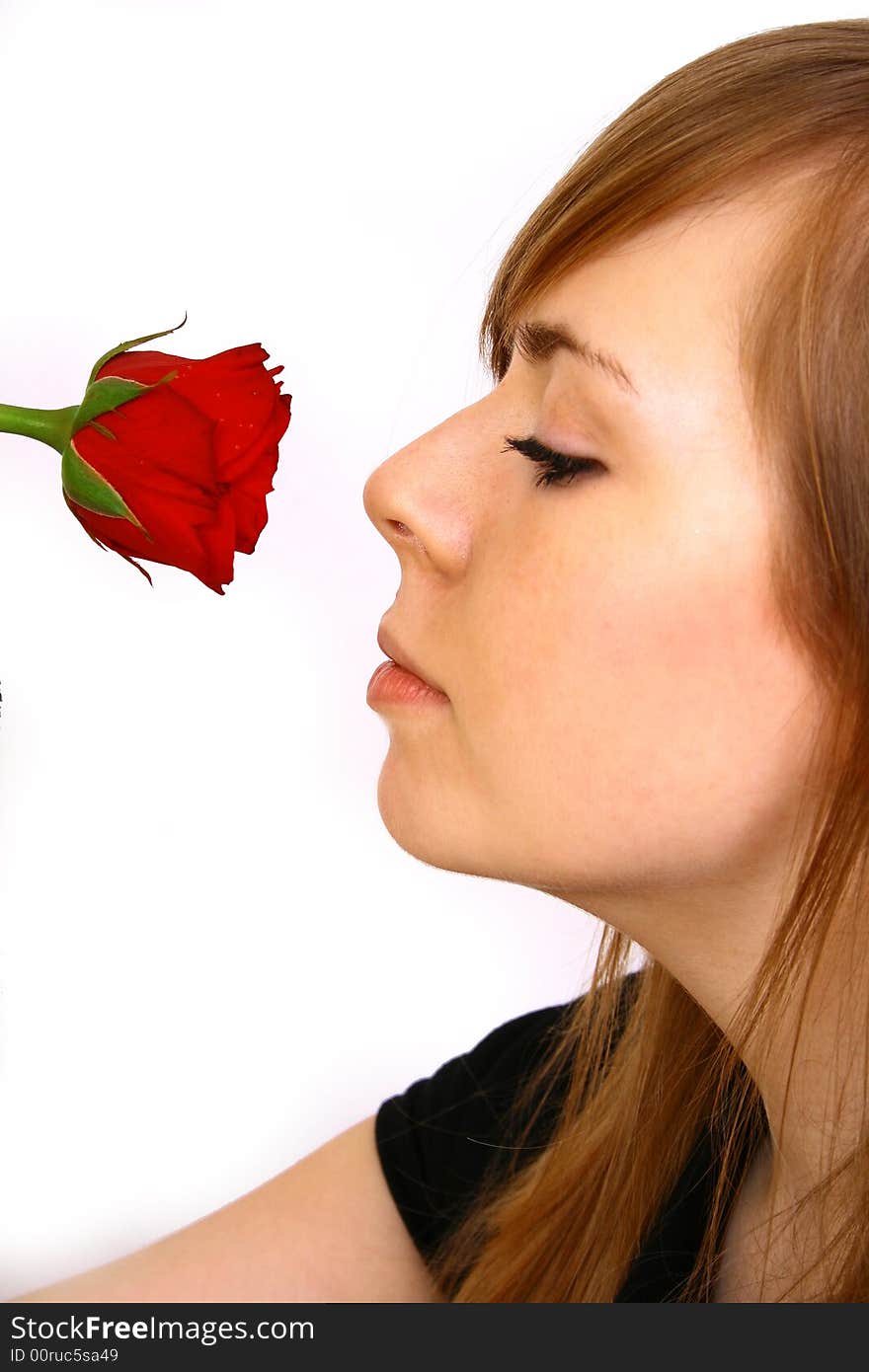 Woman with big red rose; white background. Woman with big red rose; white background