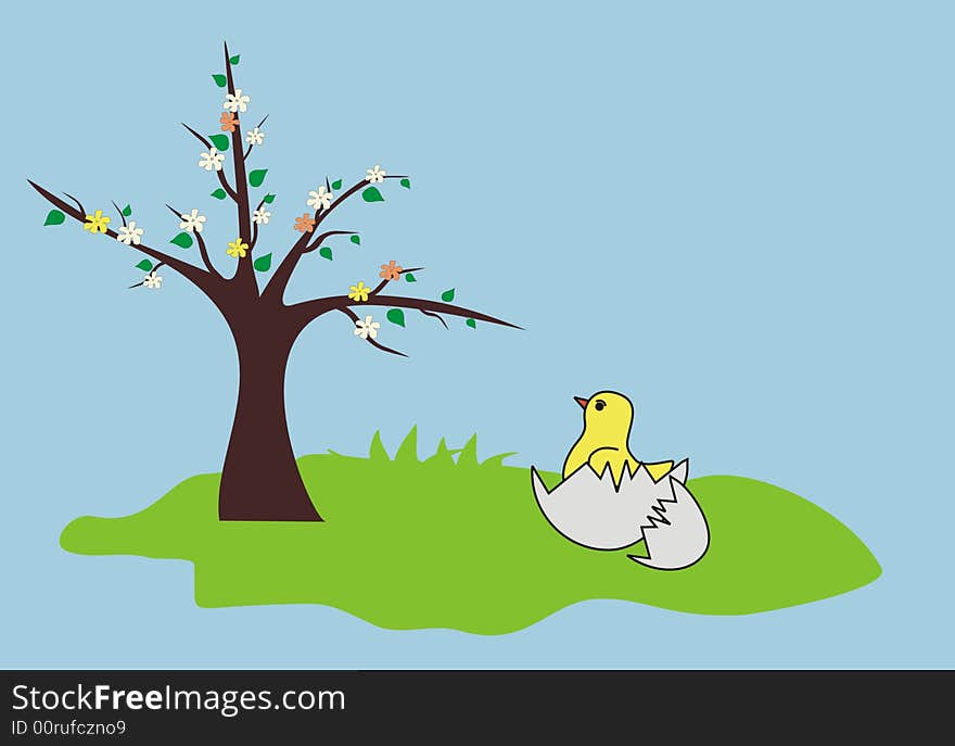 Easter chicken with egg and tree in bloom. Easter chicken with egg and tree in bloom