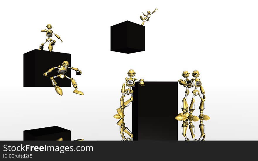 Robots playing with black cubes. Robots playing with black cubes