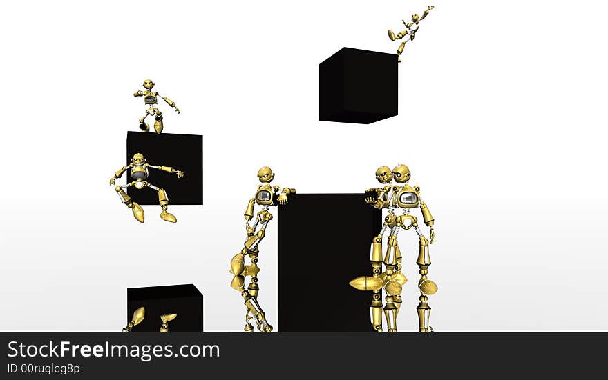 Robots playing with black cubes. Robots playing with black cubes