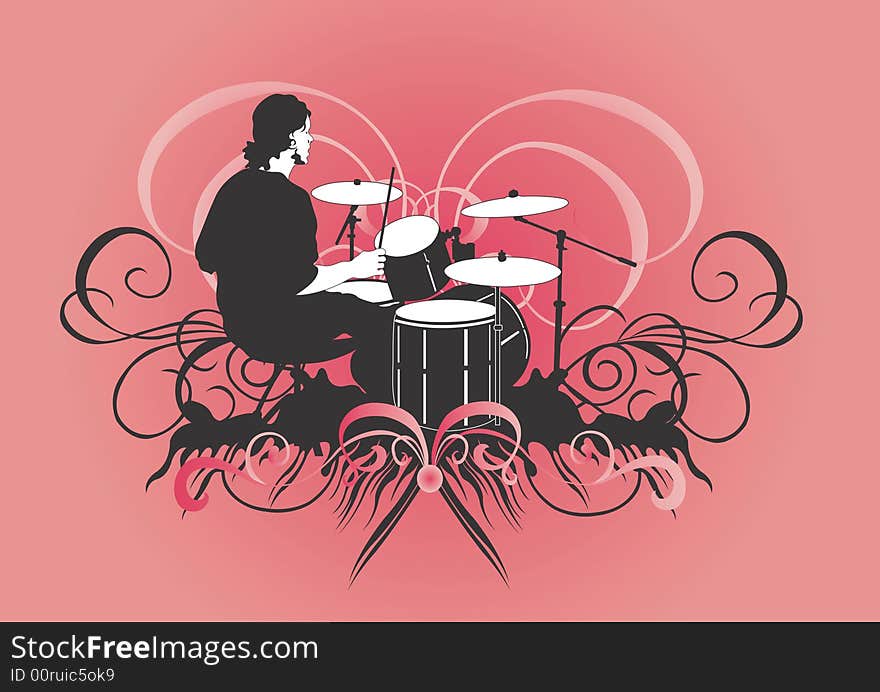 Illustration of a drummer and decorative patterns