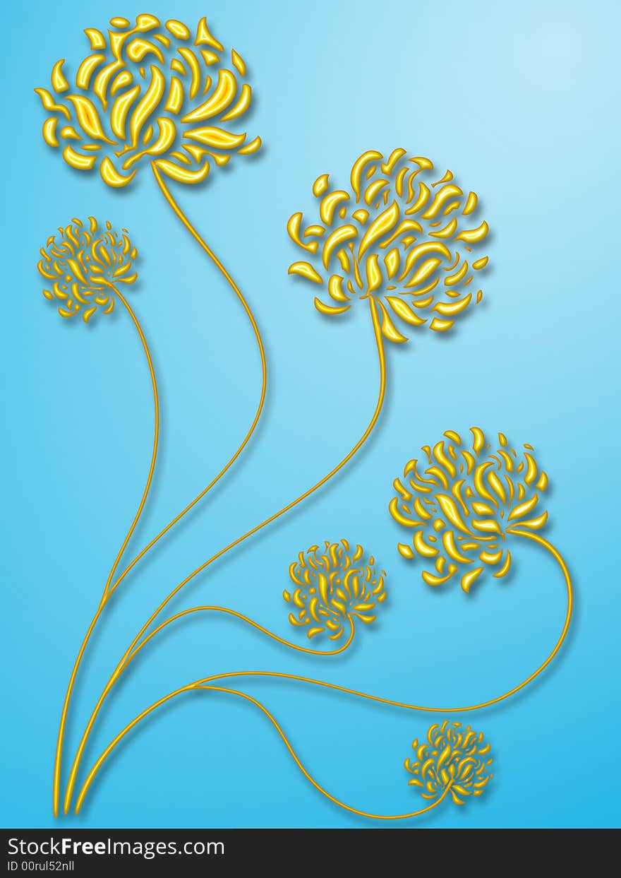 Golden flowers on a blue background - digital artwork