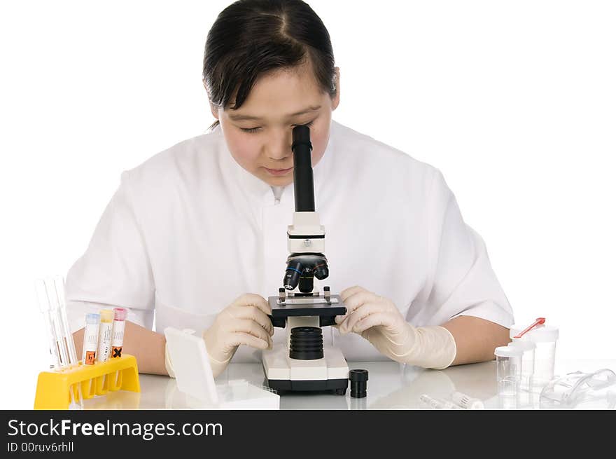 Girl with microscope, isolated on a white background. Girl with microscope, isolated on a white background.