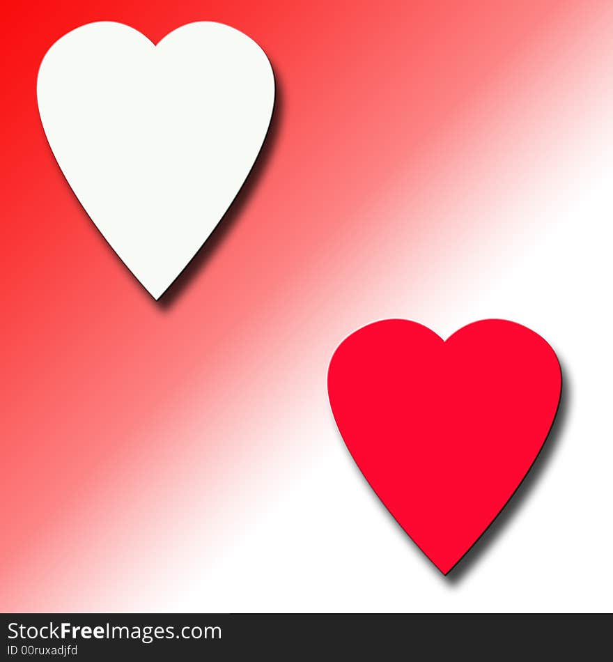 Two Red and white hearts on red and white gradient background. Two Red and white hearts on red and white gradient background