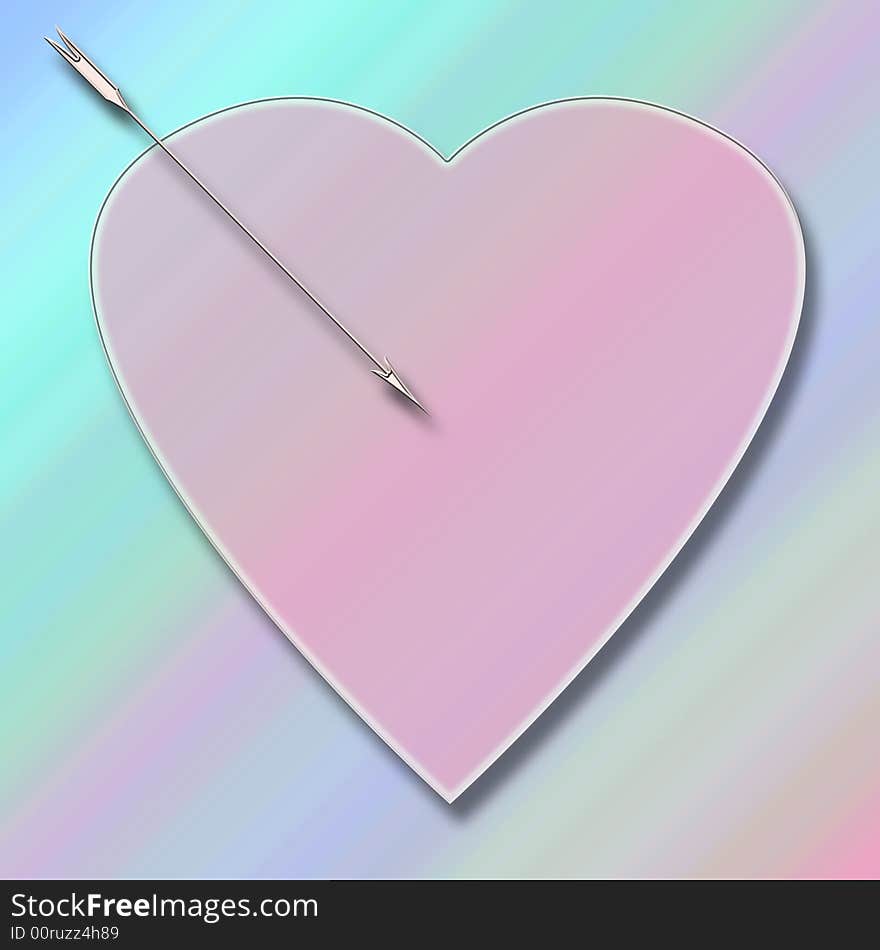 Pastel pink heart  with pink arrow on pastel pink and blue background. Pastel pink heart  with pink arrow on pastel pink and blue background