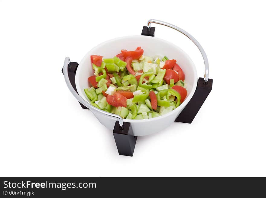 Salad , olive oil, White Background and clipping path. Tomato, peppers