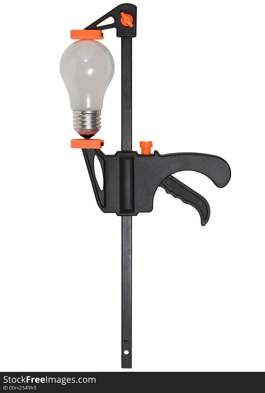 The black clamp clamping a bulb, isolated on a white background. Clipping patch included. The black clamp clamping a bulb, isolated on a white background. Clipping patch included.