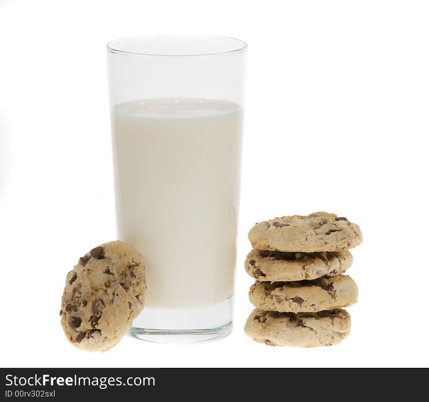 Delicious chocolate chip cookies and glass of milk isolated on a white background