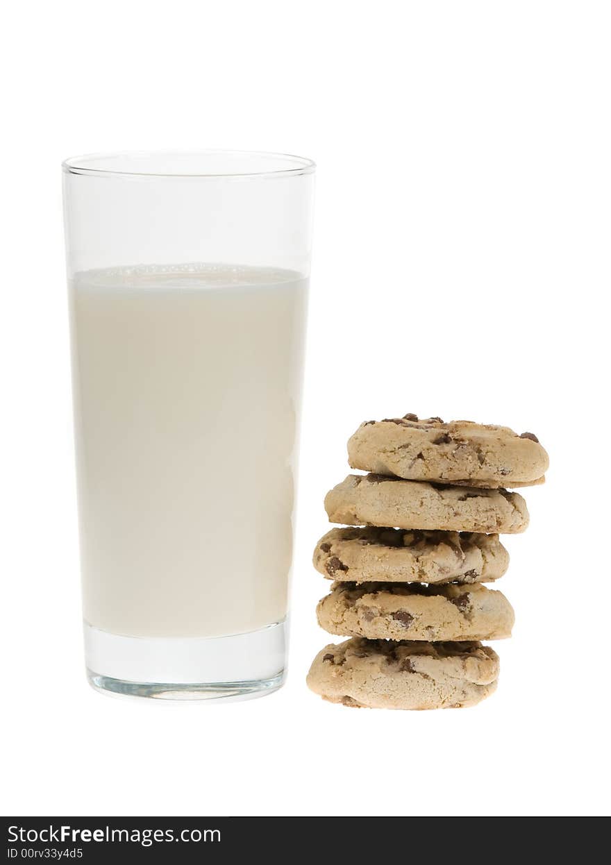 Delicious chocolate chip cookies and glass of milk isolated on a white background