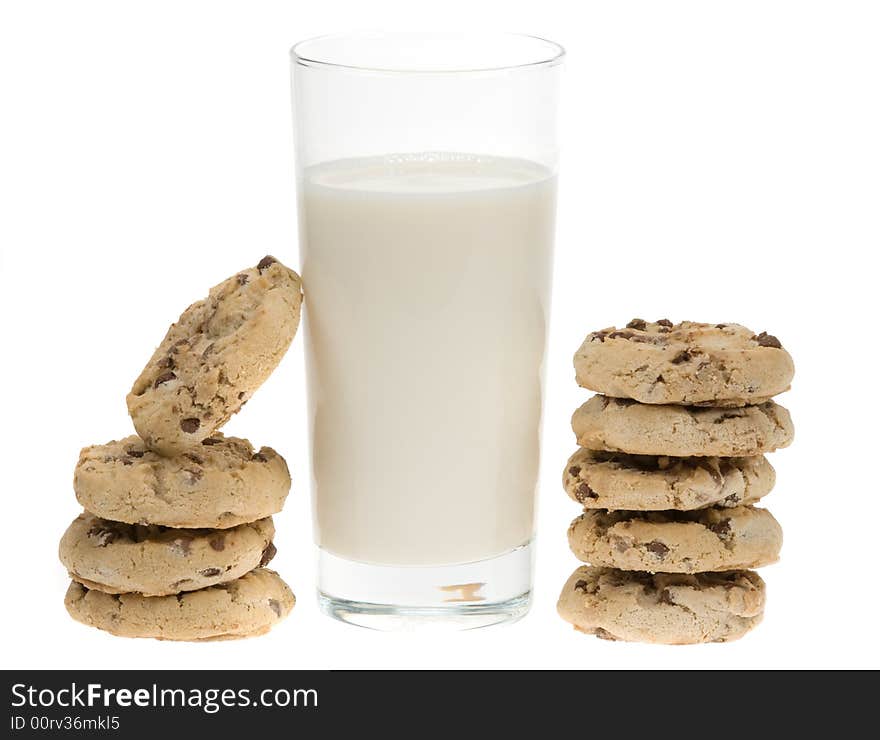 Delicious chocolate chip cookies and glass of milk isolated on a white background