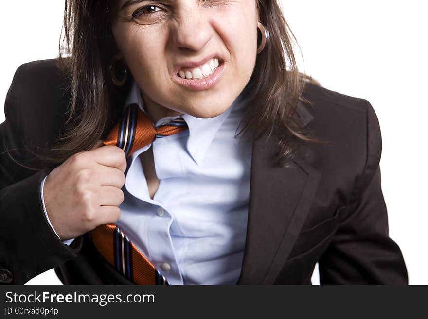 Business woman frustrated or irritated struggling with her tie