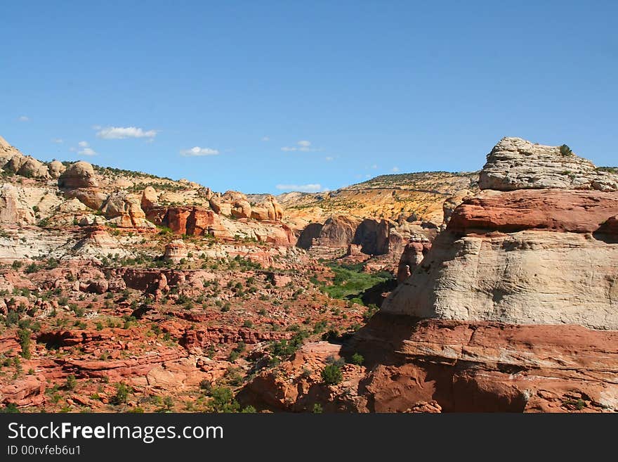 View of the red rock formations in Capitol Reef National Park with blue sky�s. View of the red rock formations in Capitol Reef National Park with blue sky�s