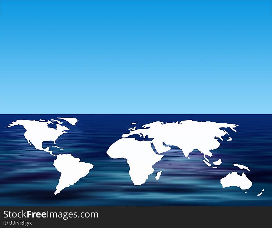 World outline map floating on simulated water. World outline map floating on simulated water