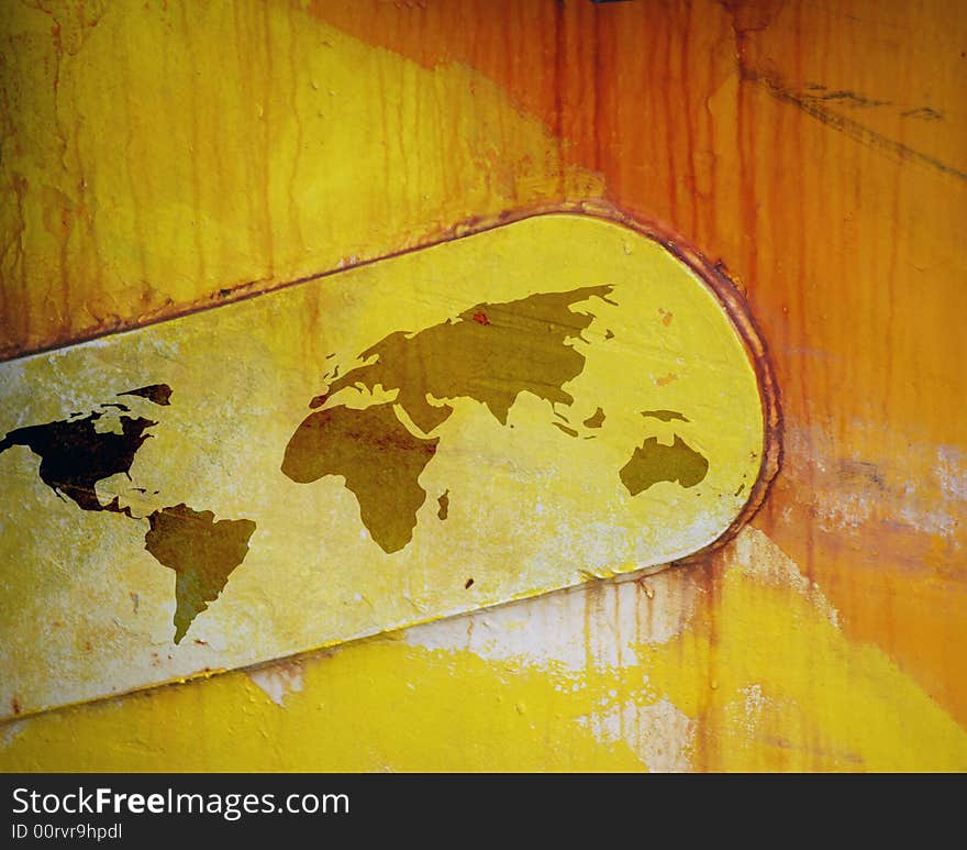 Outline map of world overlaid onto rusting paintwork of ship. Outline map of world overlaid onto rusting paintwork of ship