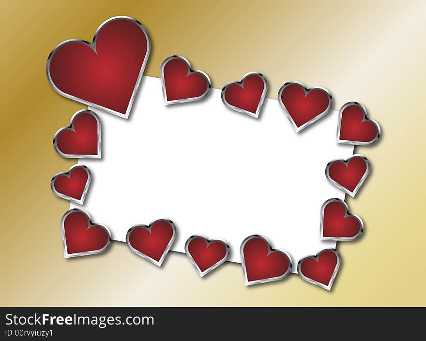 Illustration of white card bordered by hearts on gold background. Illustration of white card bordered by hearts on gold background