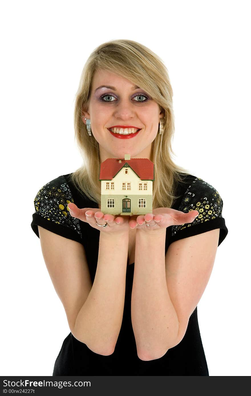 Business woman advertises real estate on white background