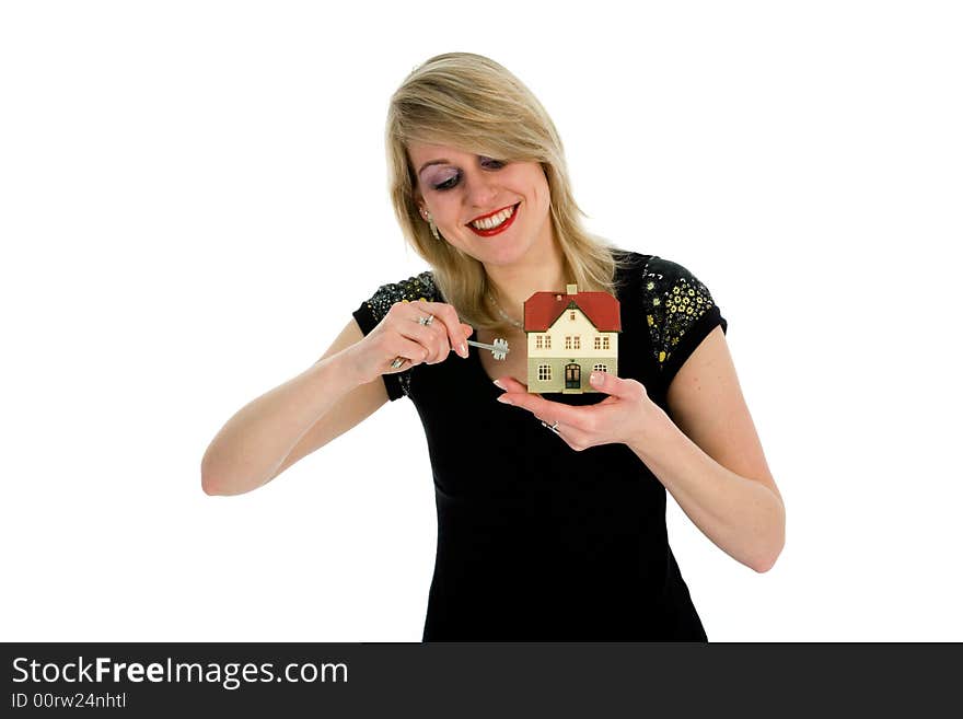 Business woman advertises real estate on white background