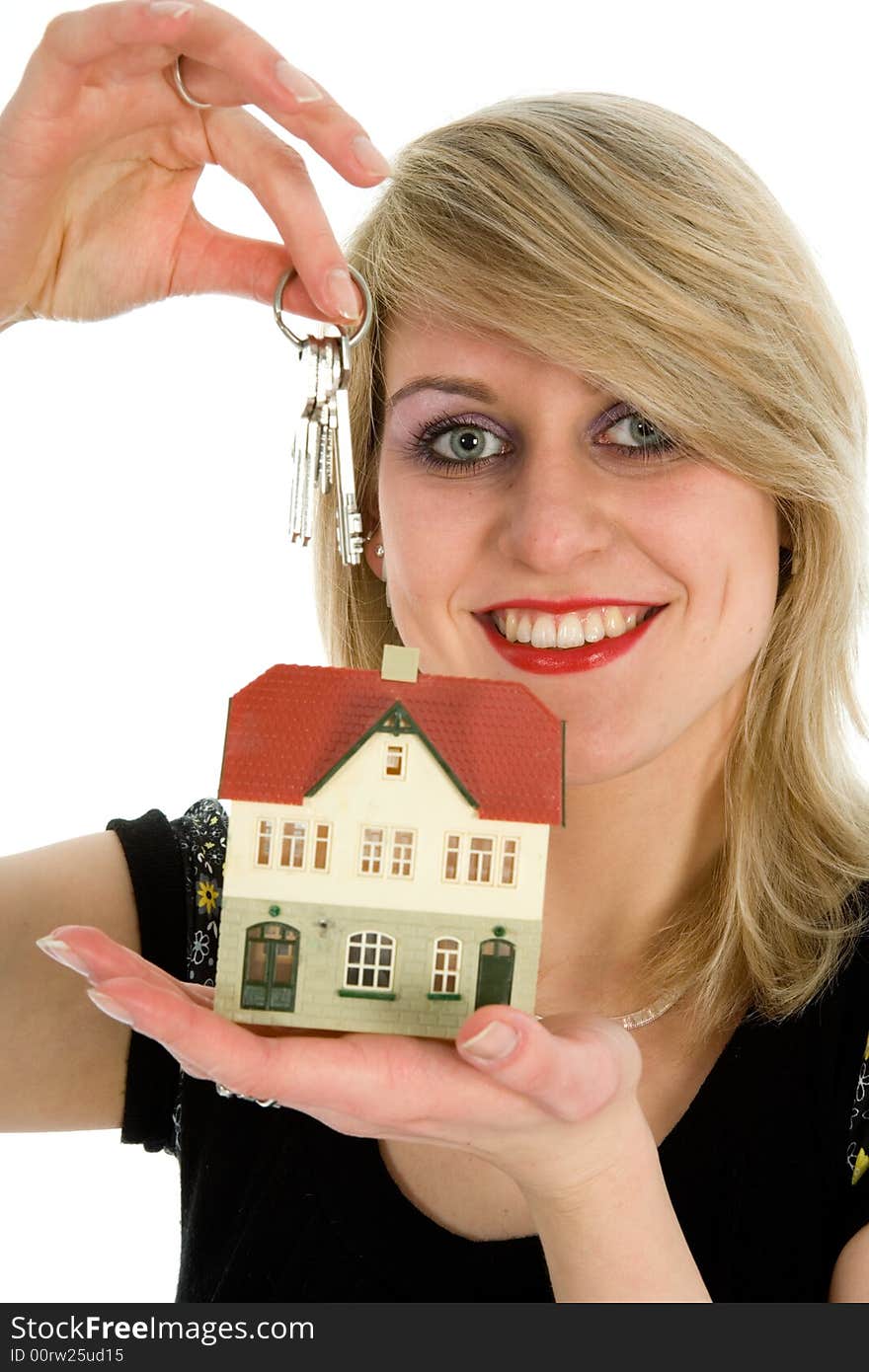 Business woman advertises real estate on white background